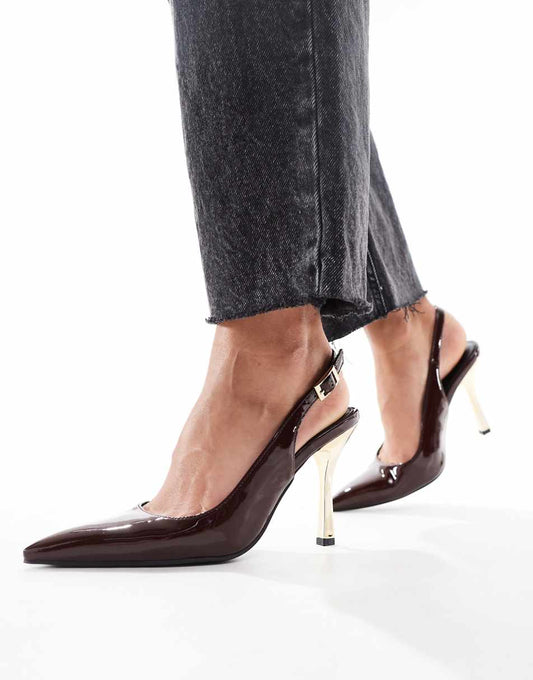 Public Desire Torrie slingback pointed heeled shoes in chocolate brown with gold heel