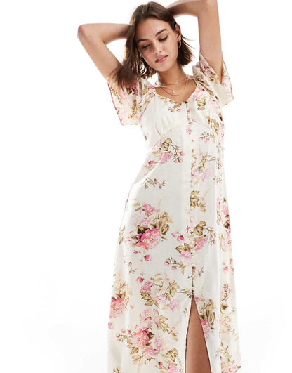 Mango button up floral midi dress in white