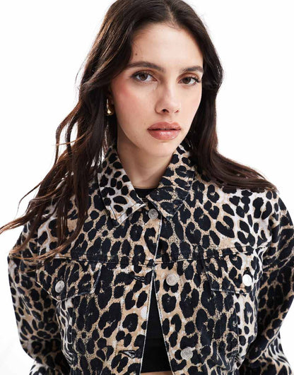 ASOS DESIGN western denim jacket in leopard print