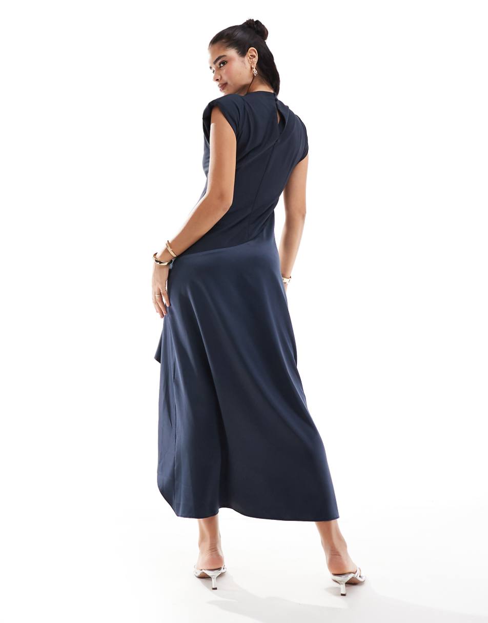 ASOS DESIGN high neck satin contrast midaxi dress in navy