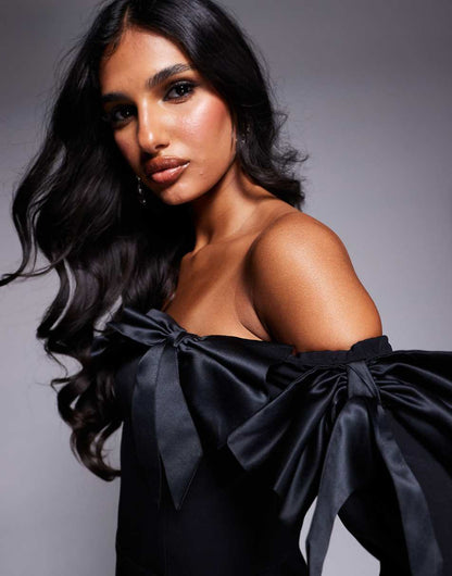 ASOS LUXE satin bow off shoulder jumpsuit in black