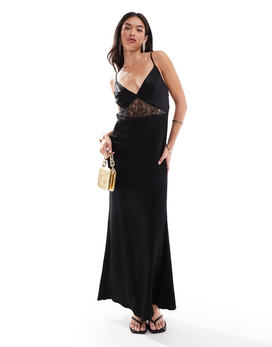 SNDYS satin cami lace insert backless maxi dress in black