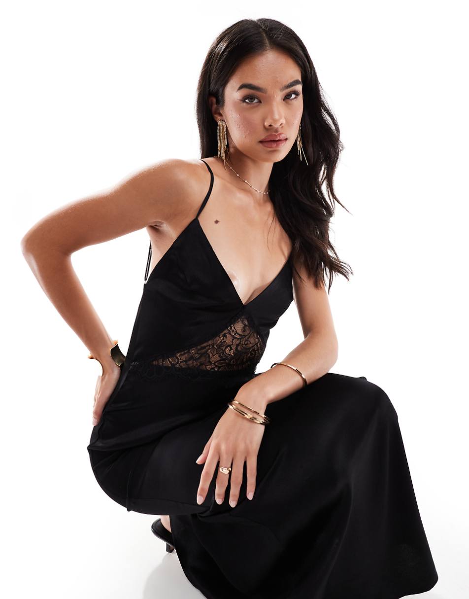 SNDYS satin cami lace insert backless maxi dress in black