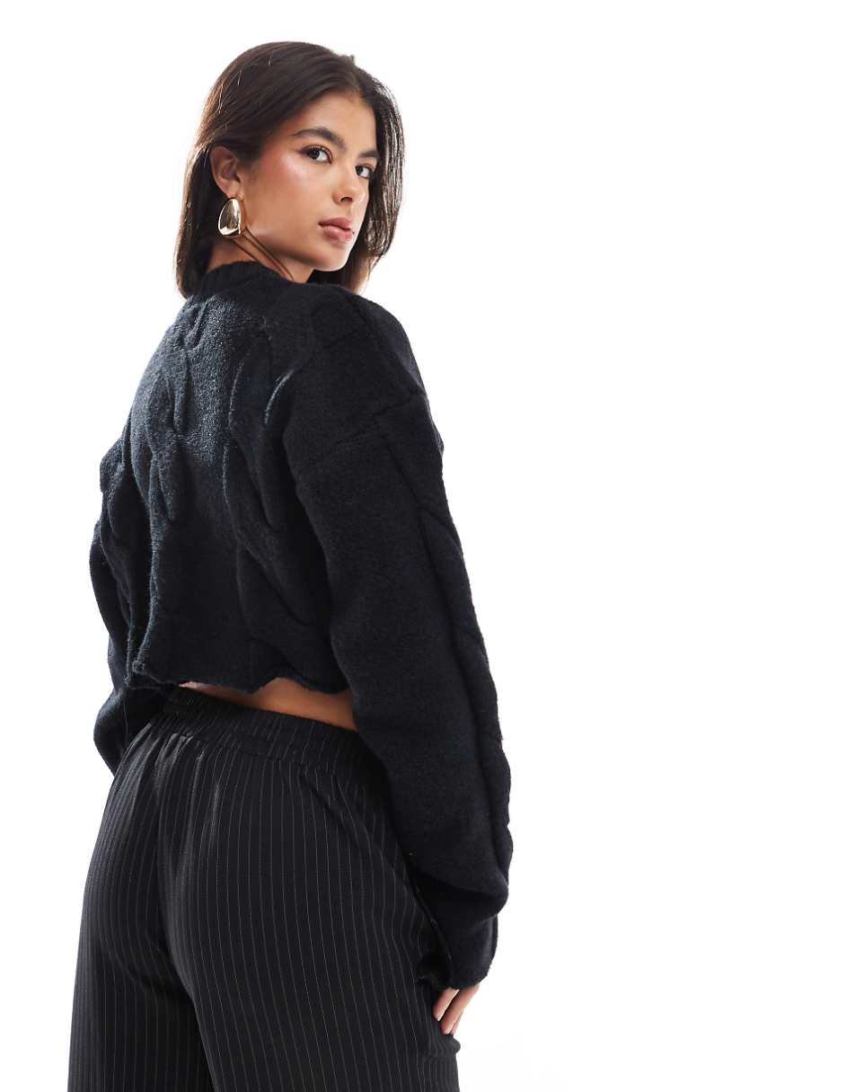 SNDYS premium cropped cable knit cardigan in black