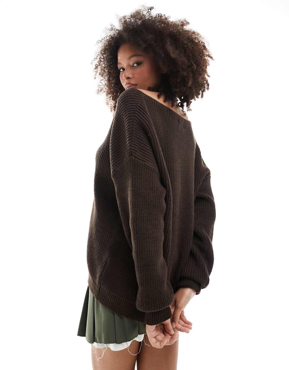 SNDYS cotton sweetheart plunge neck sweater in brown