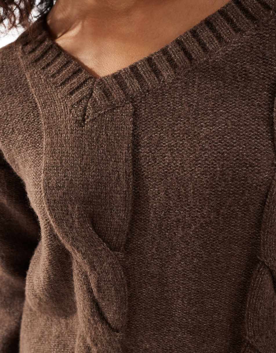 SNDYS premium asymmetric v neck cable knit sweater in mocha