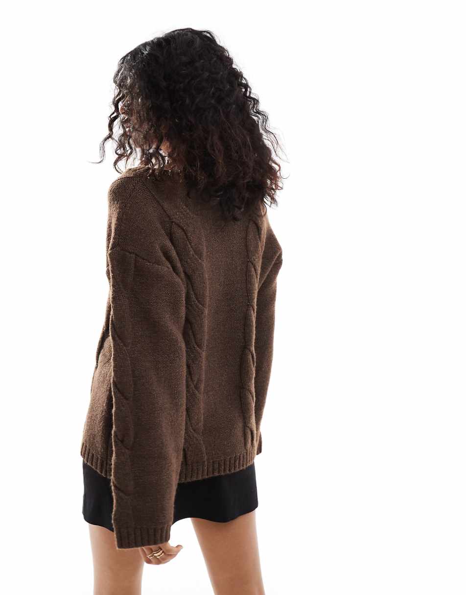 SNDYS premium asymmetric v neck cable knit sweater in mocha