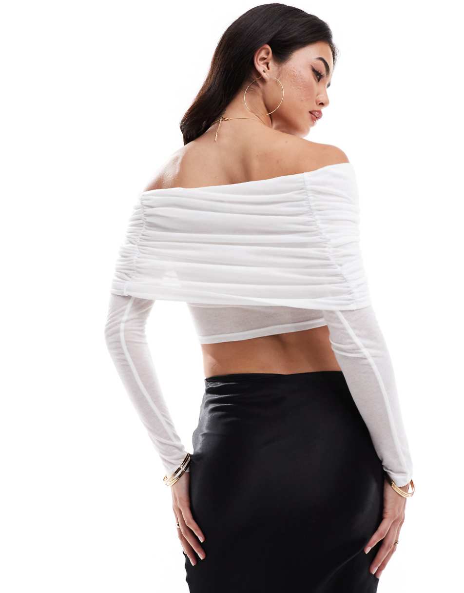 SNDYS mesh bardot twist overlay detail top in white