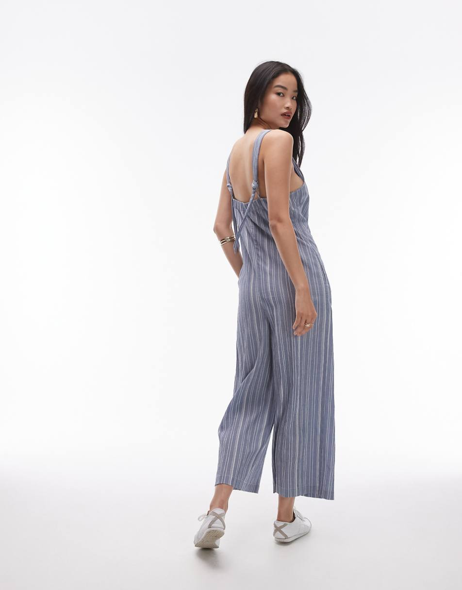 Topshop textured button down jumpsuit in stripe