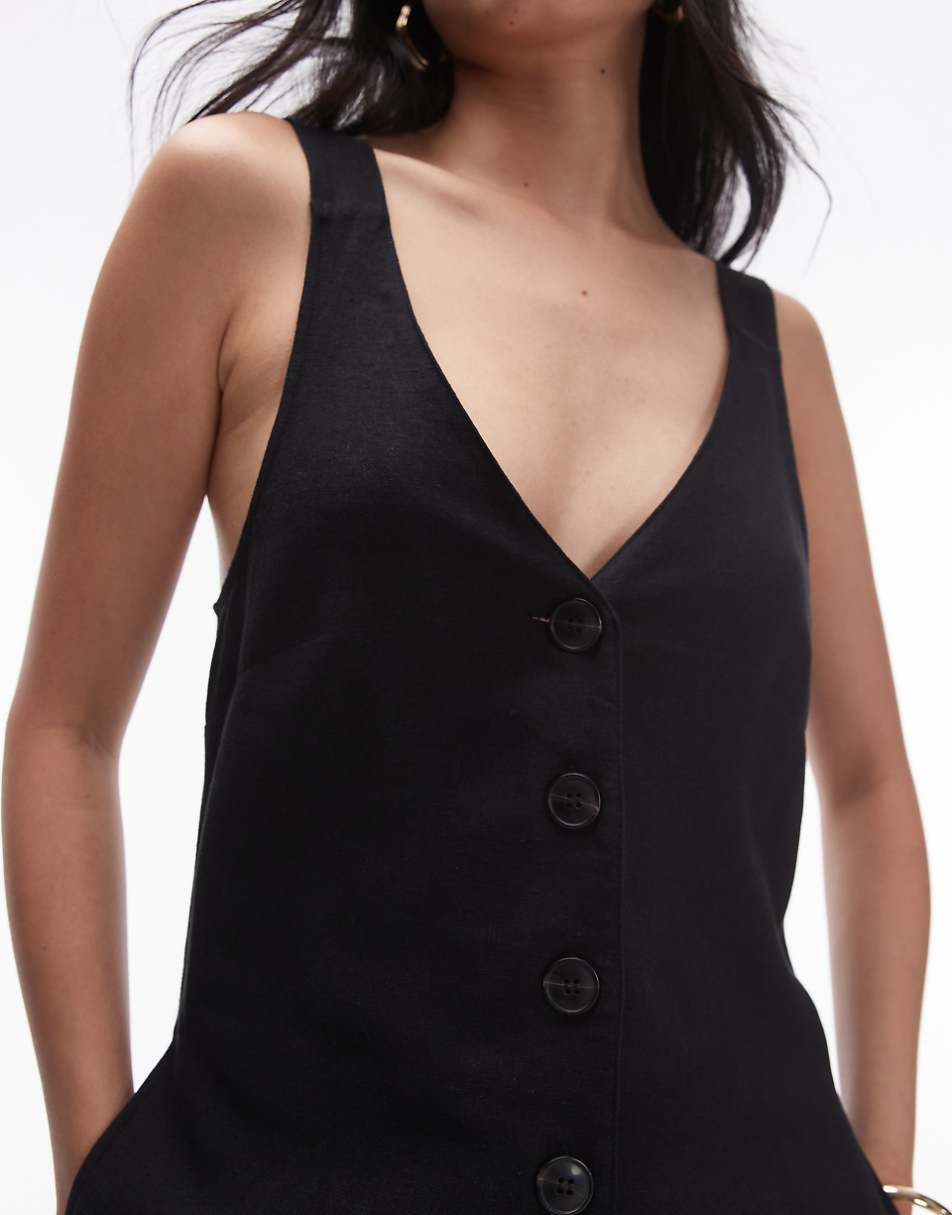 Topshop textured button down jumpsuit in black linen