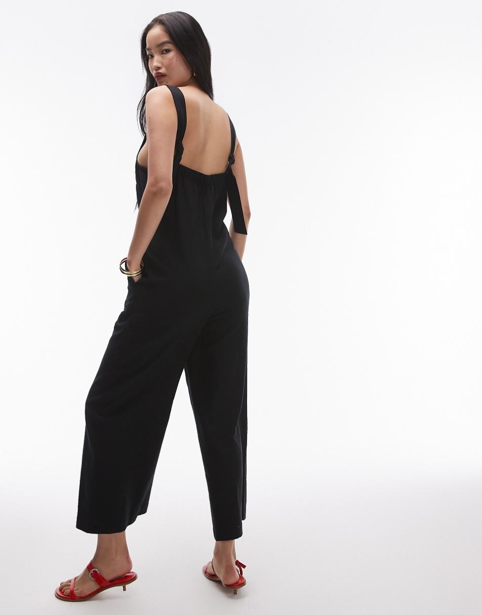 Topshop textured button down jumpsuit in black linen