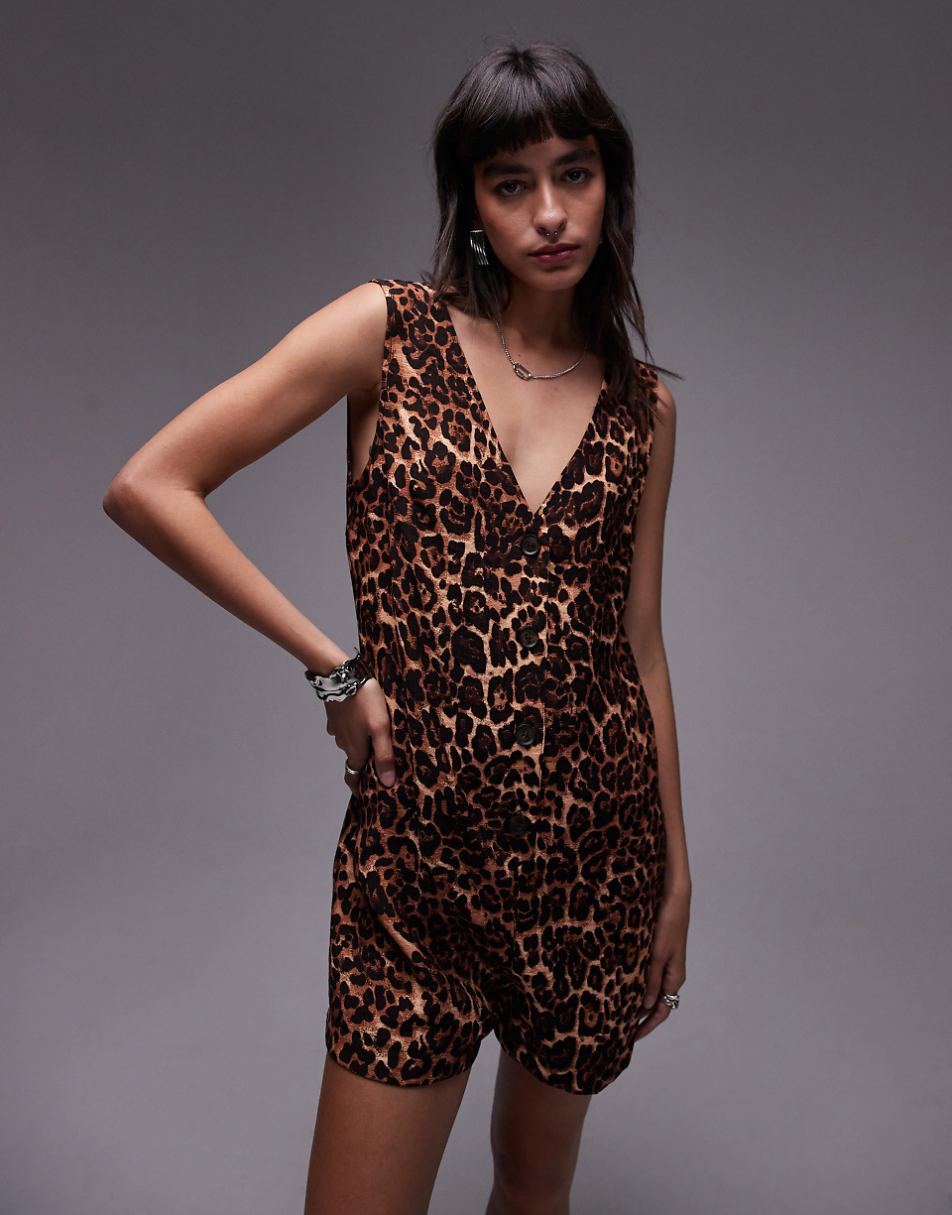 Topshop button down romper in leopard print