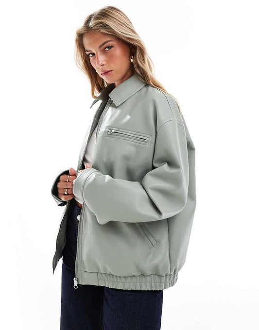 ASOS DESIGN leather look top collar jacket in sage