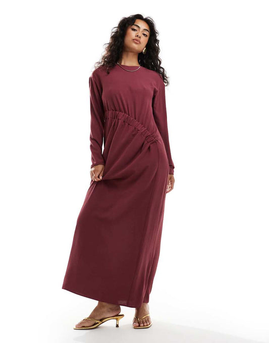 ASOS DESIGN long sleeve maxi dress with ruched side in mulberry