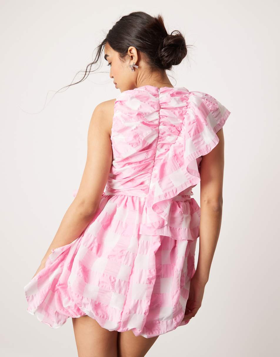 ASOS DESIGN ruffle mini dress with puffball skirt in oversized pink check