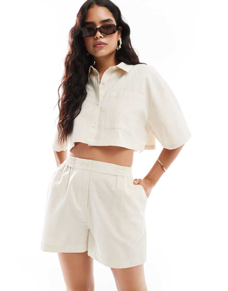 ASOS DESIGN cropped linen look shirt in neutral - part of a set