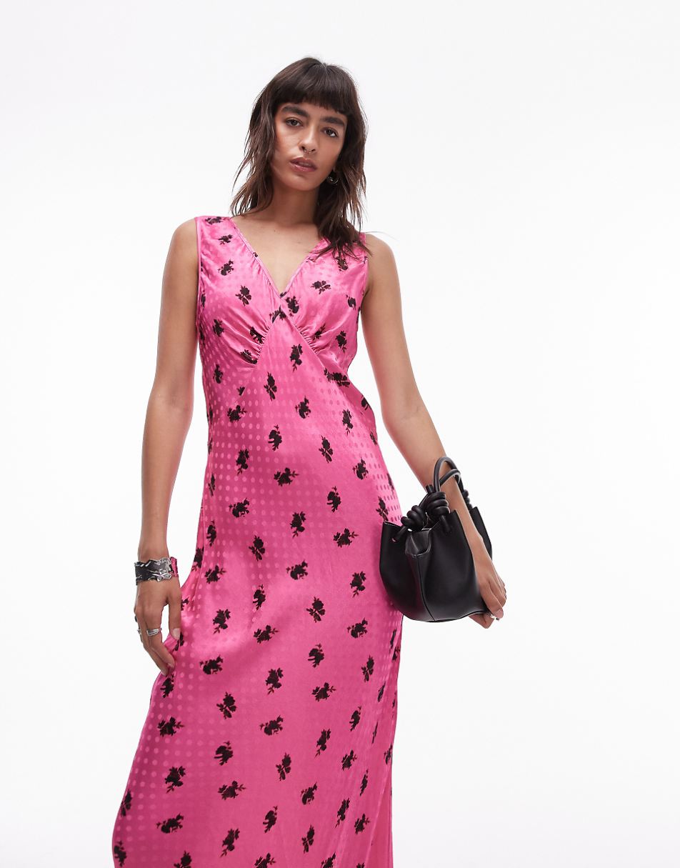 Topshop V-neck midi length slip dress in jacquard floral print