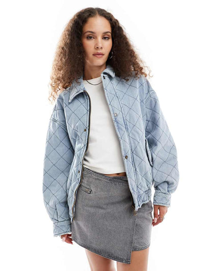 Lioness denim quilted bomber jacket in blue