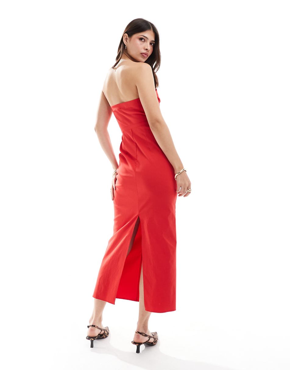 ASOS DESIGN bengaline bandeau midi dress with bow waist detail in red