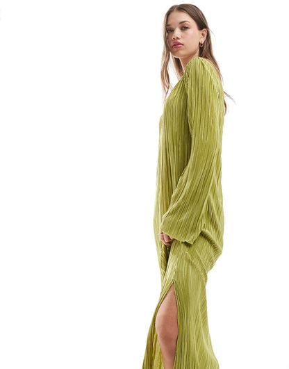 Pieces plisse maxi dress with side splits in green