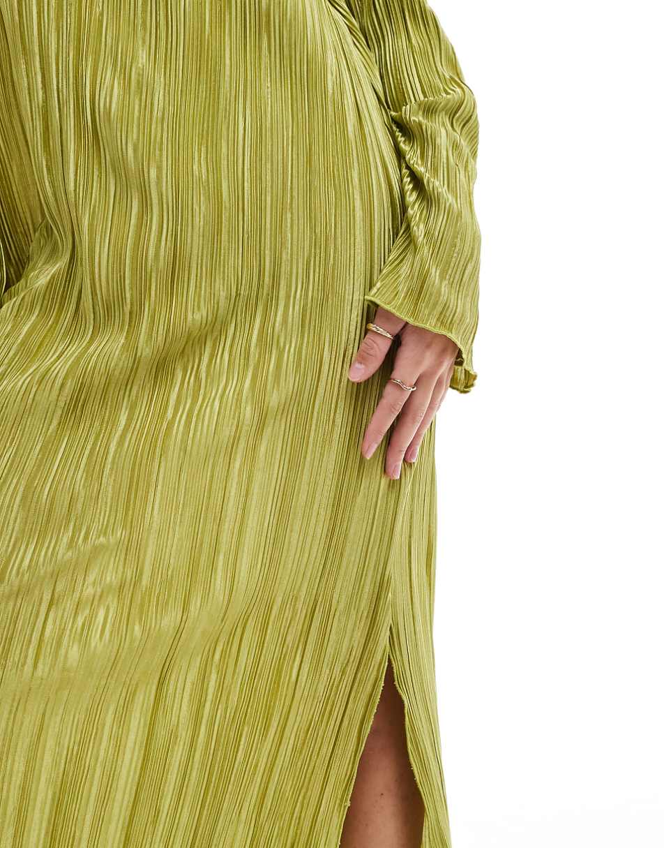 Pieces plisse maxi dress with side splits in green