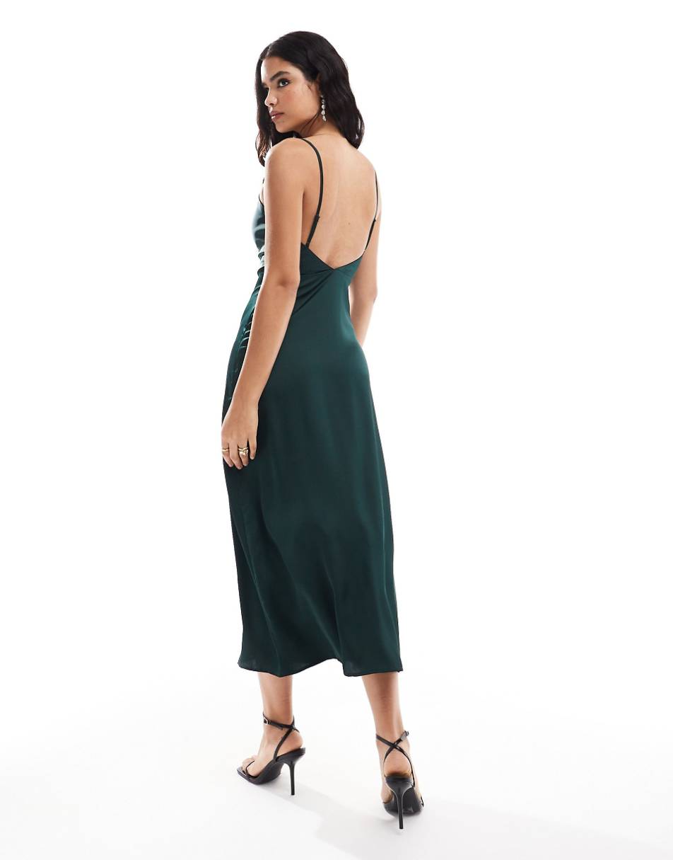 Vila Bridesmaid satin cowl neck cami maxi dress in dark green