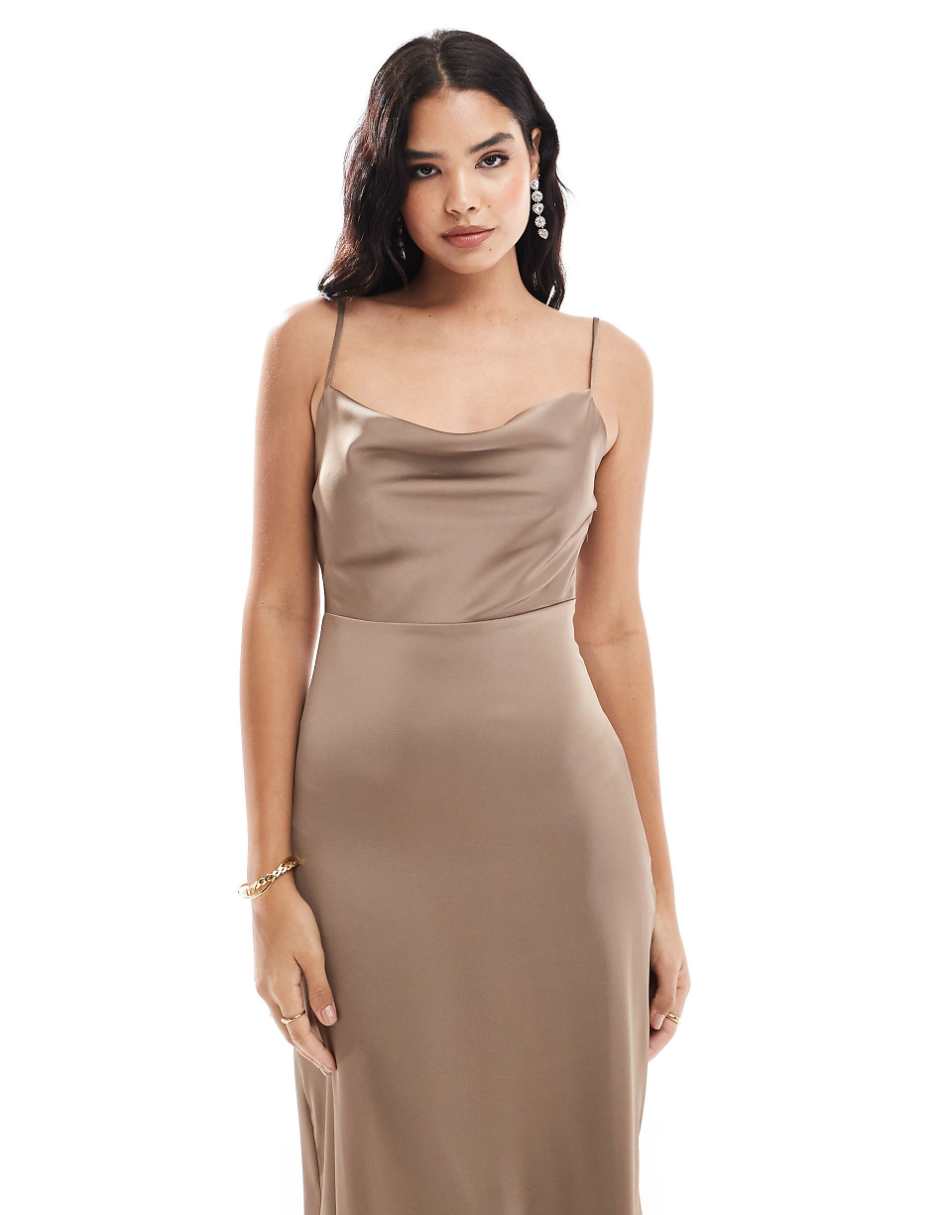 Vila Bridesmaid satin cowl neck cami maxi dress in taupe