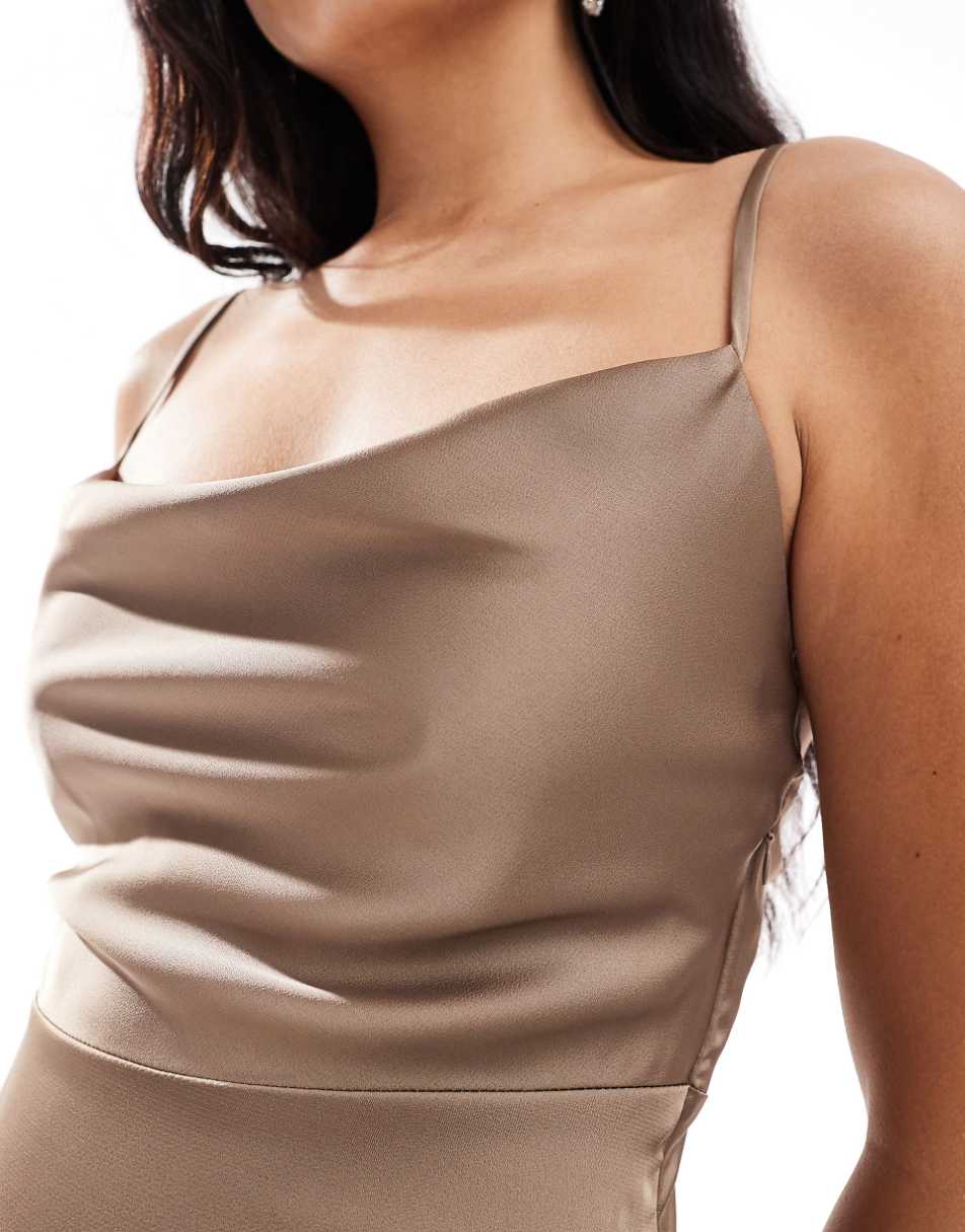 Vila Bridesmaid satin cowl neck cami maxi dress in taupe