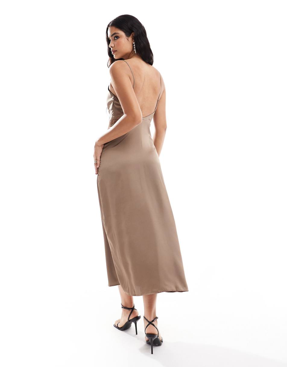 Vila Bridesmaid satin cowl neck cami maxi dress in taupe