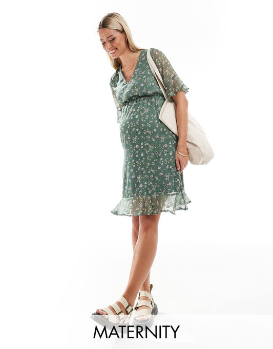 Vero Moda Maternity flutter sleeve v neck mini dress in sage green floral