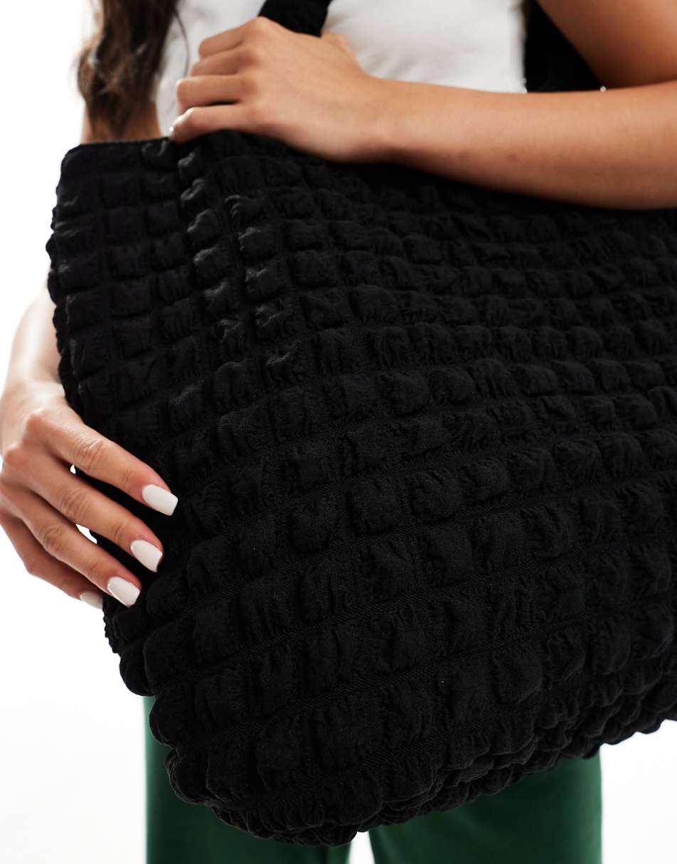Pieces bubble texture large shoulder tote bag in black