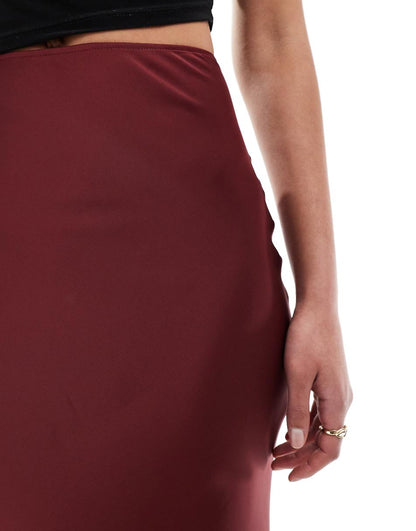 ASOS DESIGN Tall satin bias midi skirt in burgundy