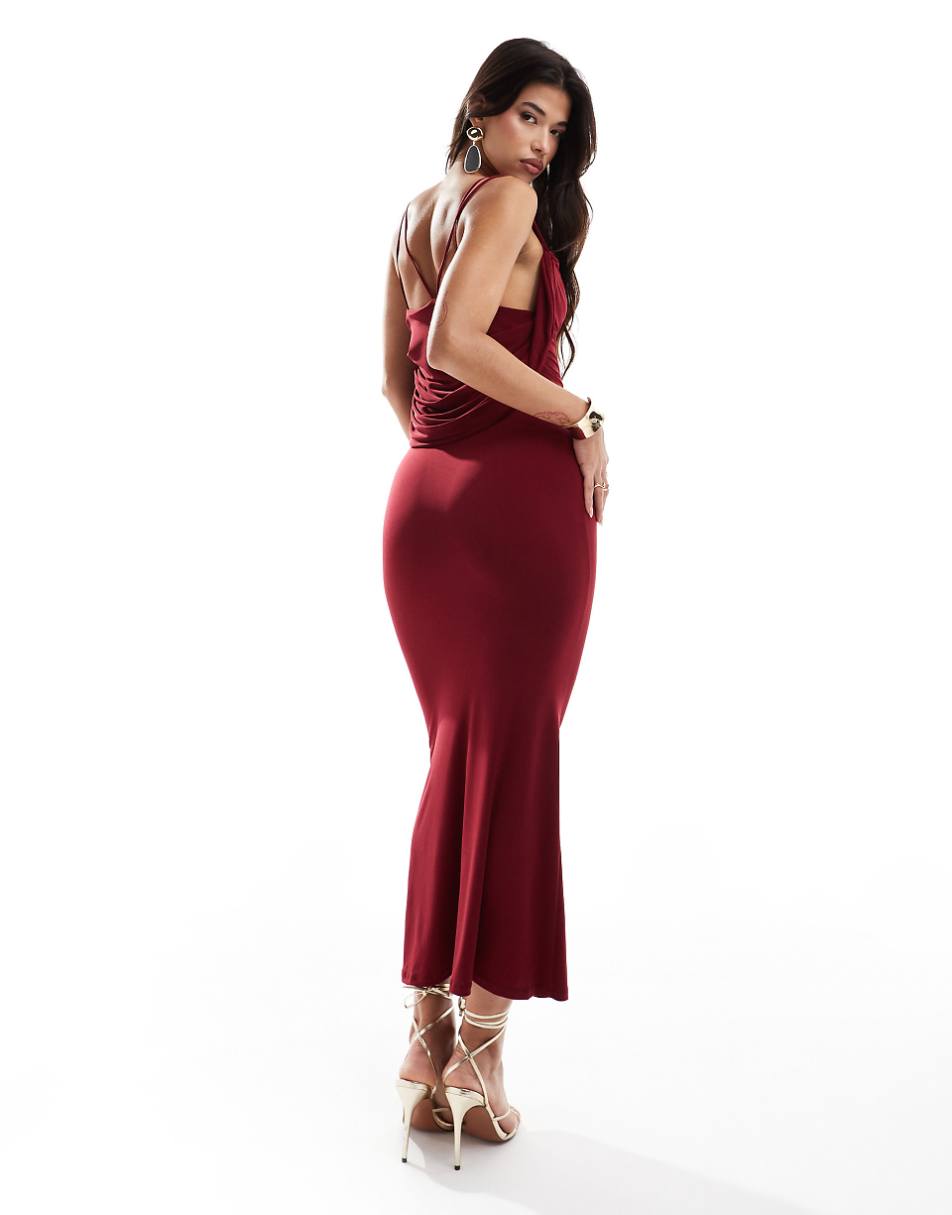 ASOS DESIGN slinky cowl double strap cami midi dress in burgundy