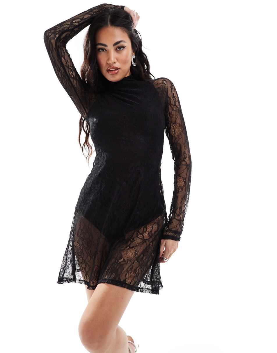 ASOS DESIGN lace overlay bodysuit flippy mini dress in black