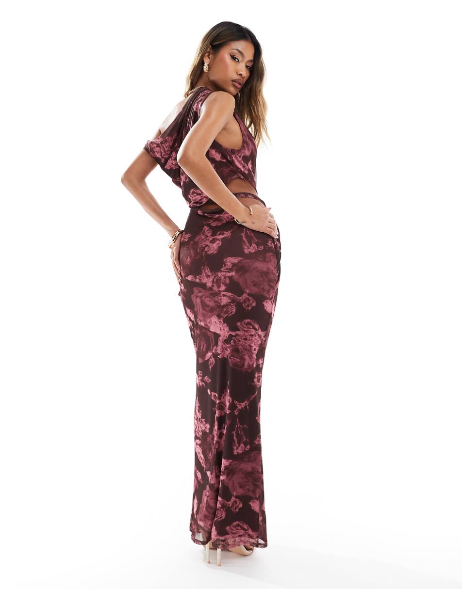 ASOS DESIGN mesh drape off the shoulder maxi dress with cut out detail in pink floral print