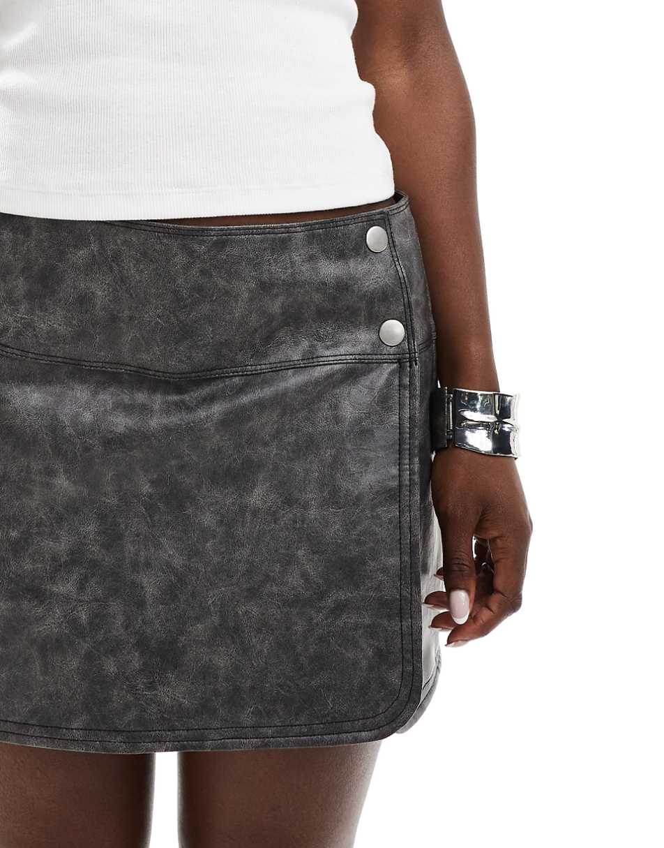 ASOS DESIGN leather look split detail mini skirt in washed gray