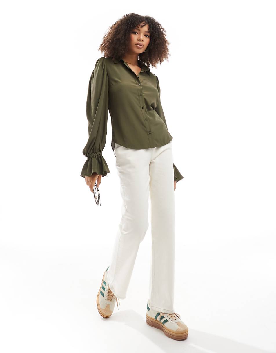ASOS DESIGN volume sleeved soft shirt with ruffle cuffs in khaki