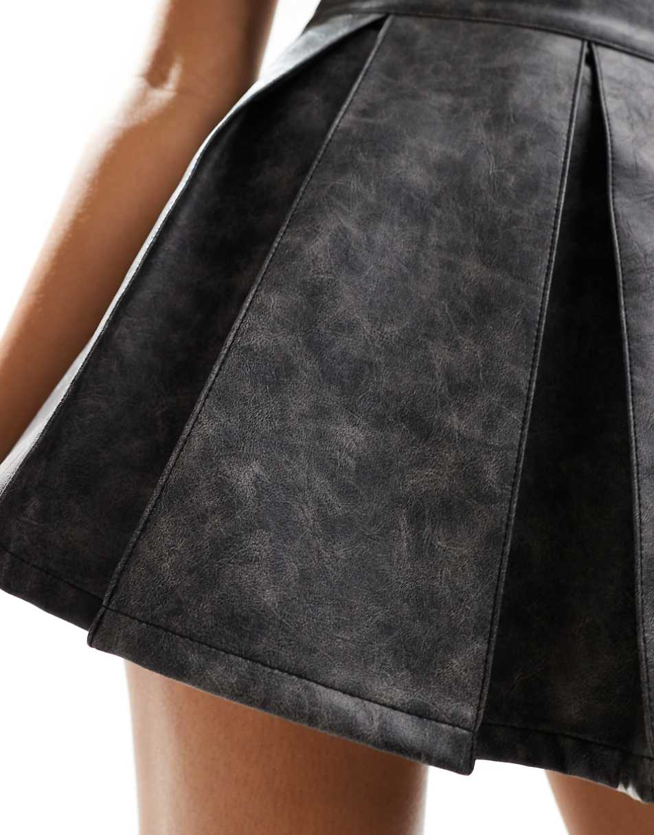 ASOS DESIGN leather look pleated mini skirt in washed gray