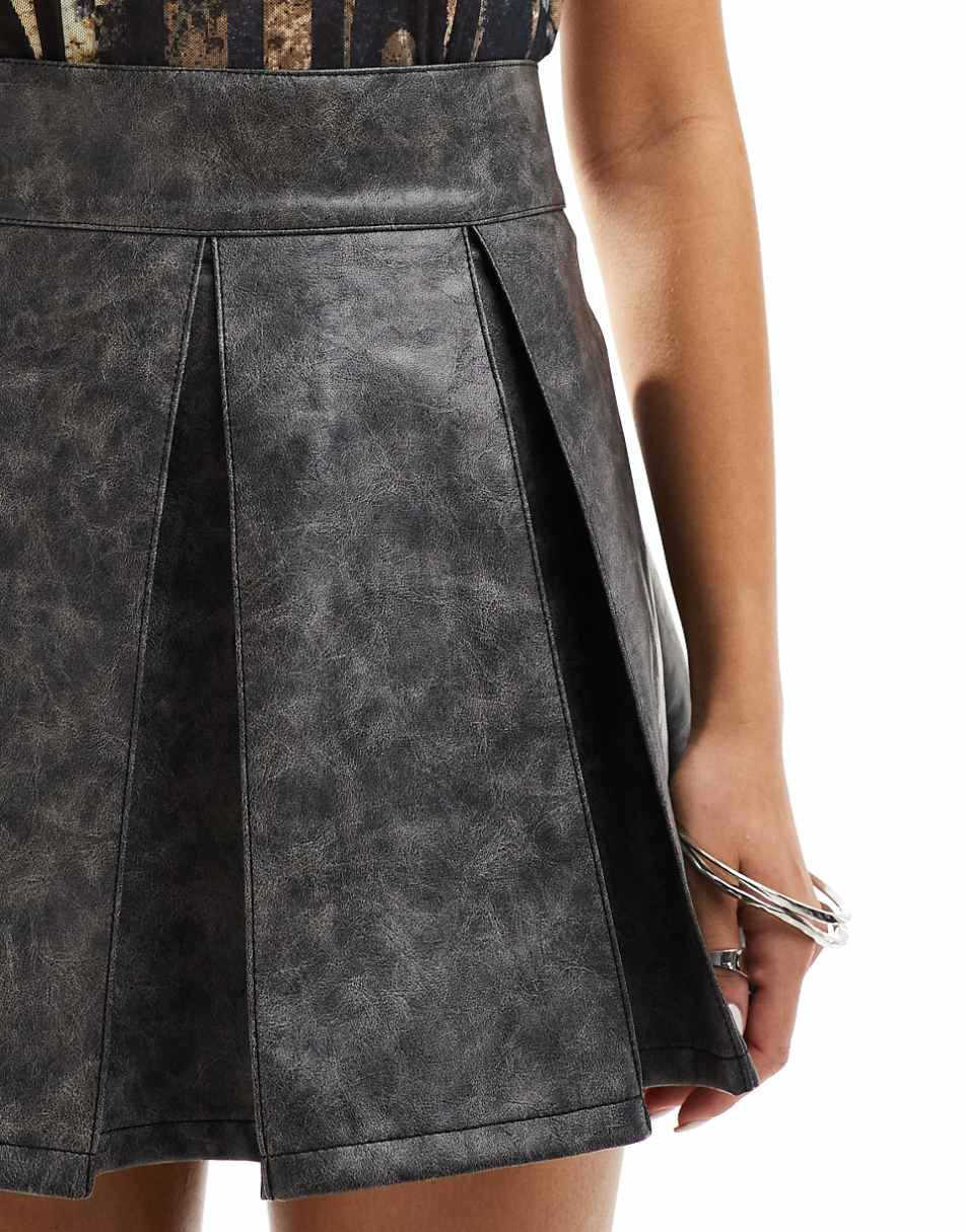 ASOS DESIGN leather look pleated mini skirt in washed gray