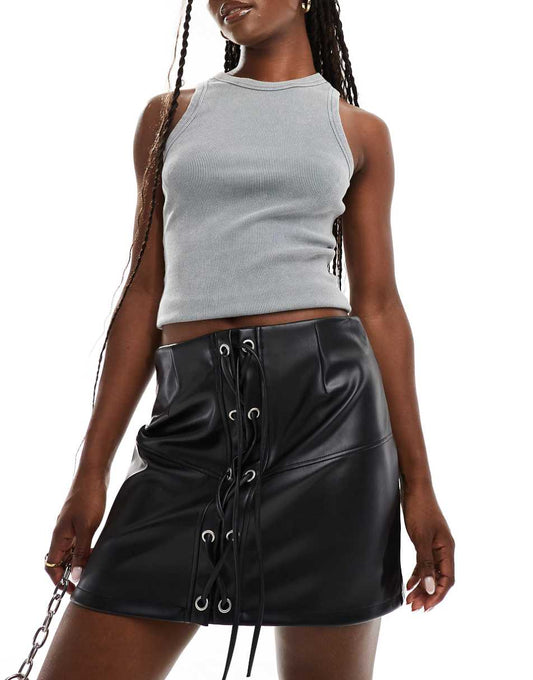 ASOS DESIGN lace up front leather look mini skirt in black