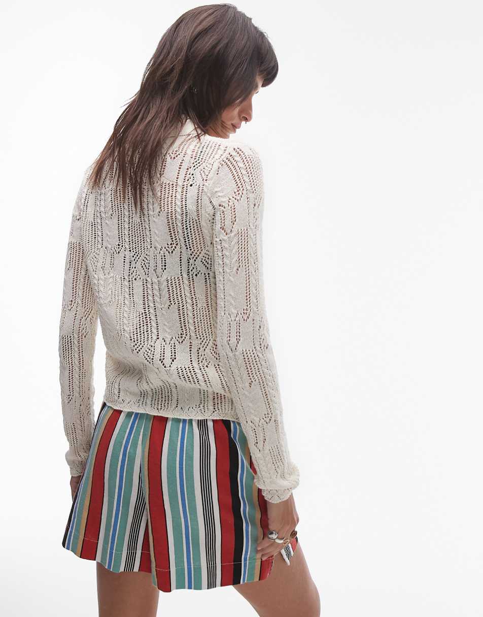 Topshop knitted long sleeve stitchy pattern shirt in cream