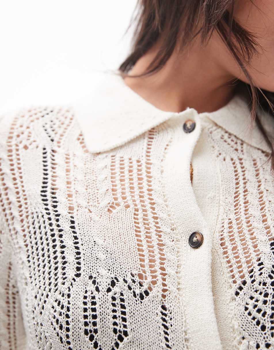 Topshop knitted long sleeve stitchy pattern shirt in cream