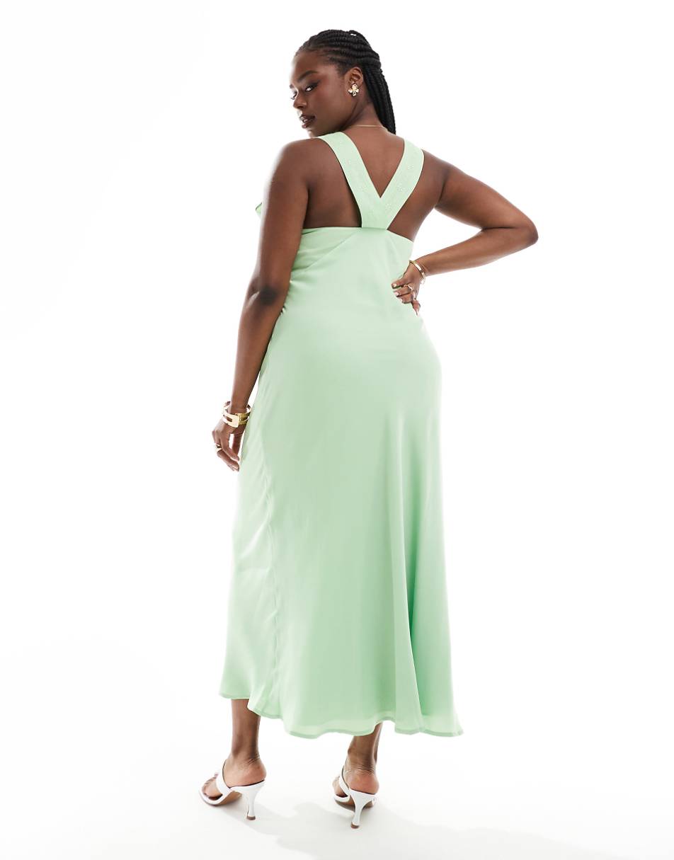 ASOS DESIGN Curve vintage style V neck midi slip dress with delicate embroidery in sage