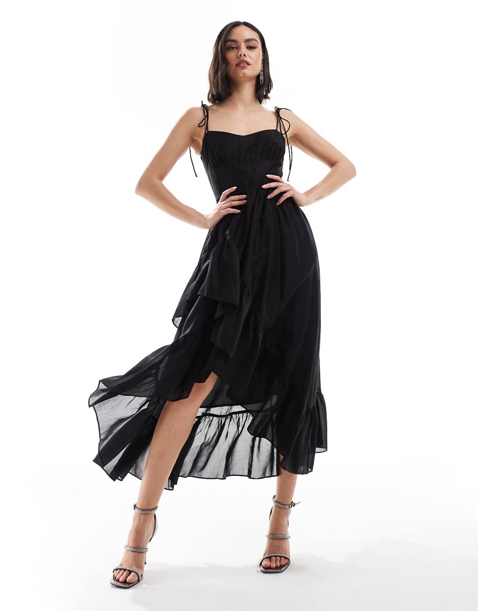 & Other Stories midaxi dress with spaghetti straps and  asymmetric ruffle hem in black