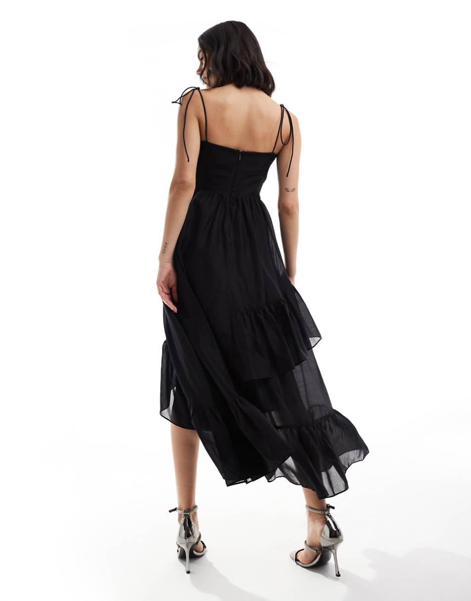 & Other Stories midaxi dress with spaghetti straps and  asymmetric ruffle hem in black