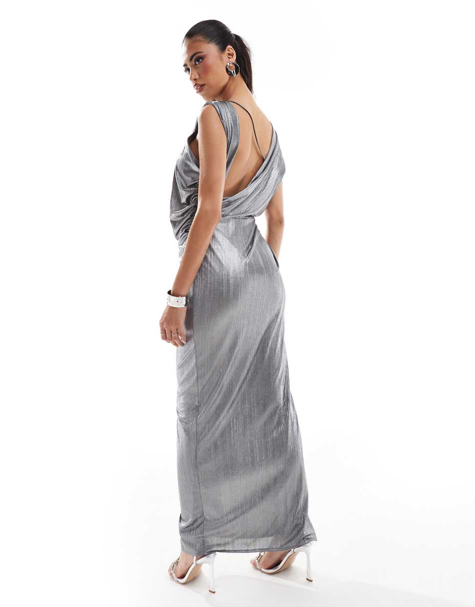 ASOS DESIGN metallic drapey maxi dress in gunmetal silver