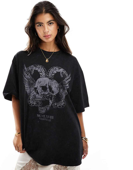 ASOS DESIGN boyfriend fit T-shirt with skull snake wings graphic in washed charcoal