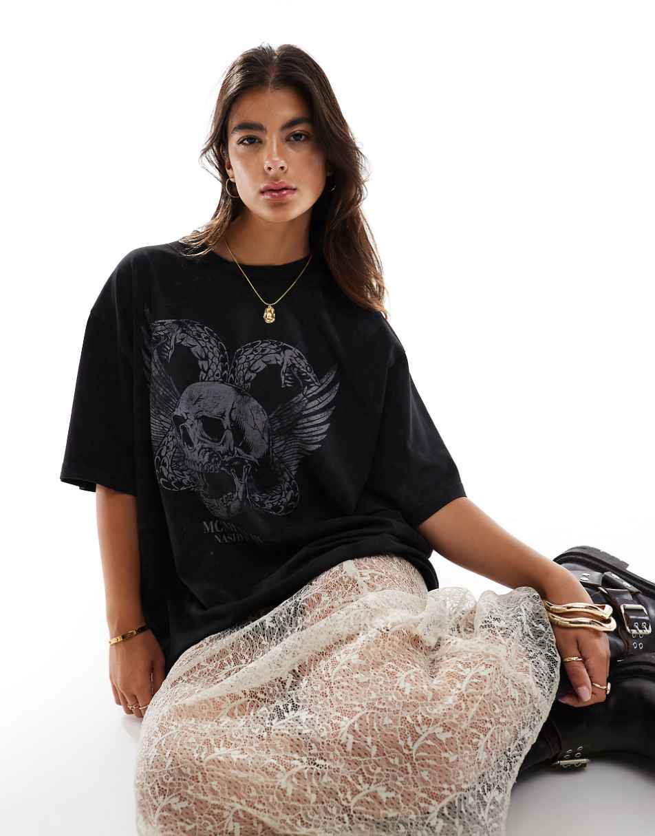 ASOS DESIGN boyfriend fit T-shirt with skull snake wings graphic in washed charcoal