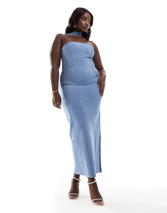 ASOS DESIGN Curve bandage bandeau midi dress with halter detail in steel blue