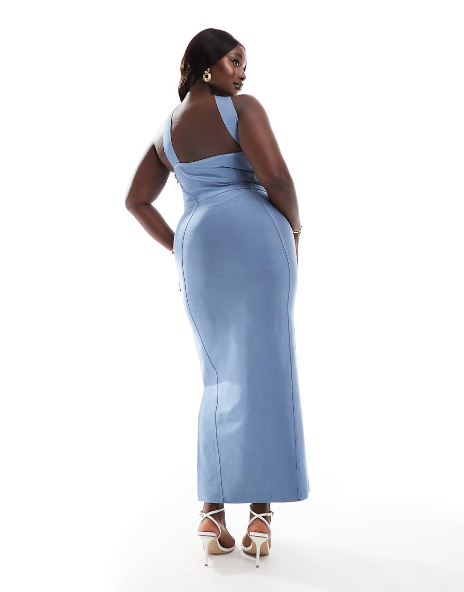 ASOS DESIGN Curve bandage bandeau midi dress with halter detail in steel blue